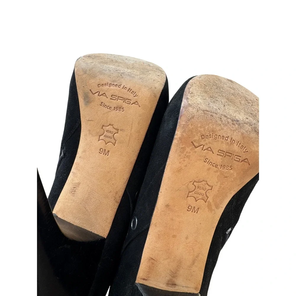 Via Spiga Black Suede Peep Toe Platform Booties 9M Stiletto Heels Grommet Y2K